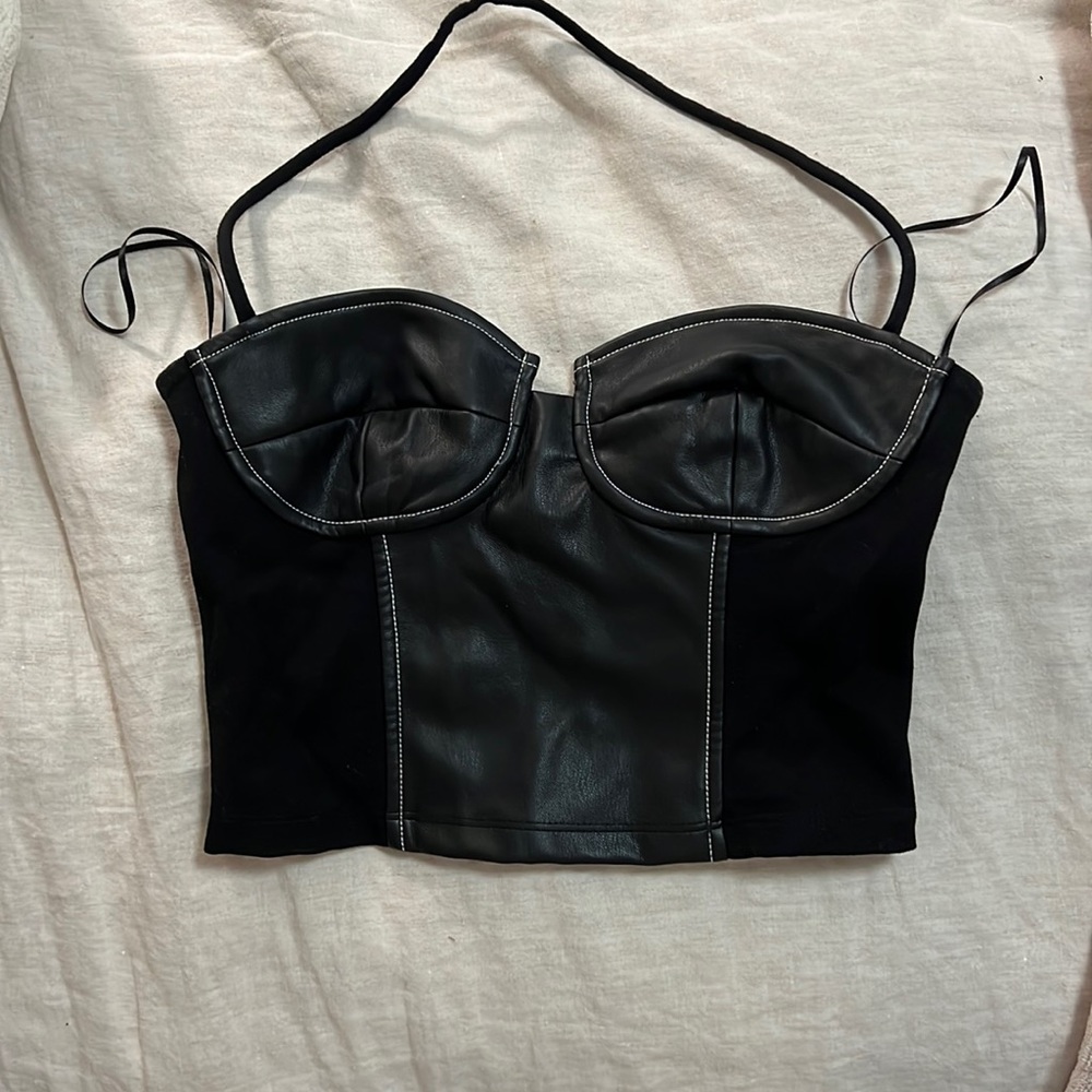Staud The Glen Top Halter Black Leather Bustier Top Zips in Back XS
